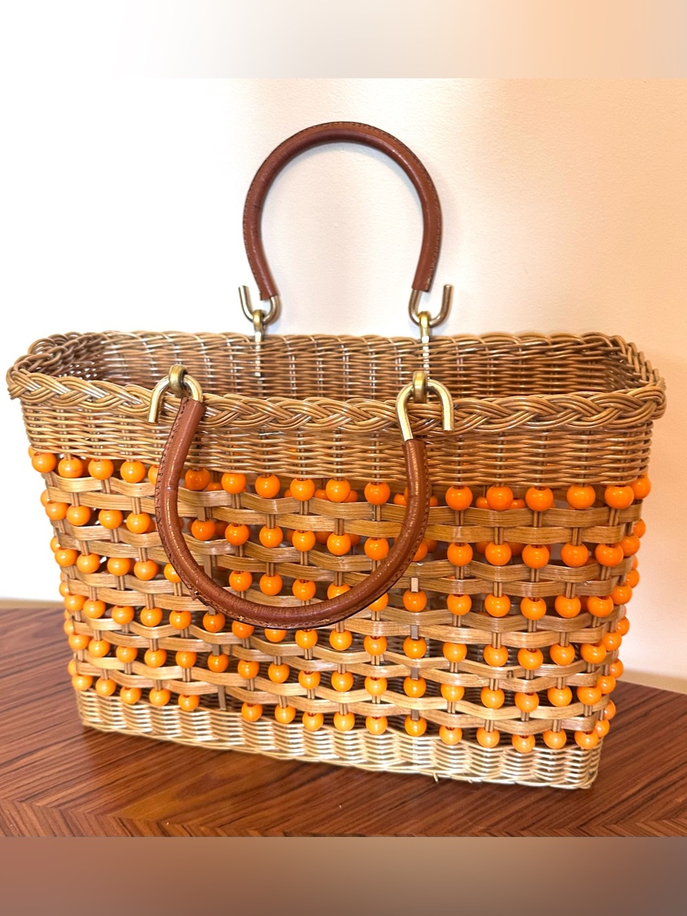 Vintage 60s Coated Straw Beaded Tote Basket Bag - Mid Century Beach Orange